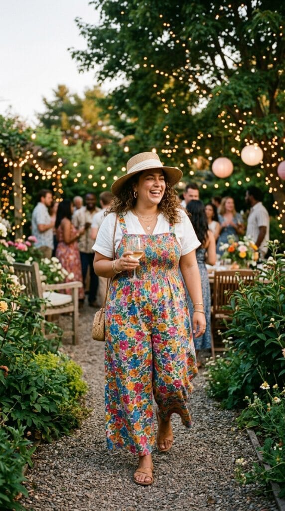 11 Plus Size Overalls Outfits for Casual Summer Days 9 Plus size model wearing multicolor floral wide-leg cotton overalls with a straw hat