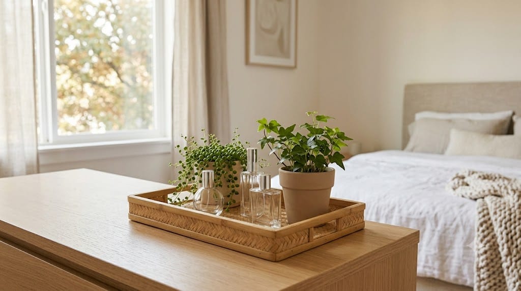 17 Chic Perfume Tray Ideas for a Luxurious Vanity Setup 15 Natural bamboo rectangular tray styled with perfume bottles on a light wood bedroom dresser.