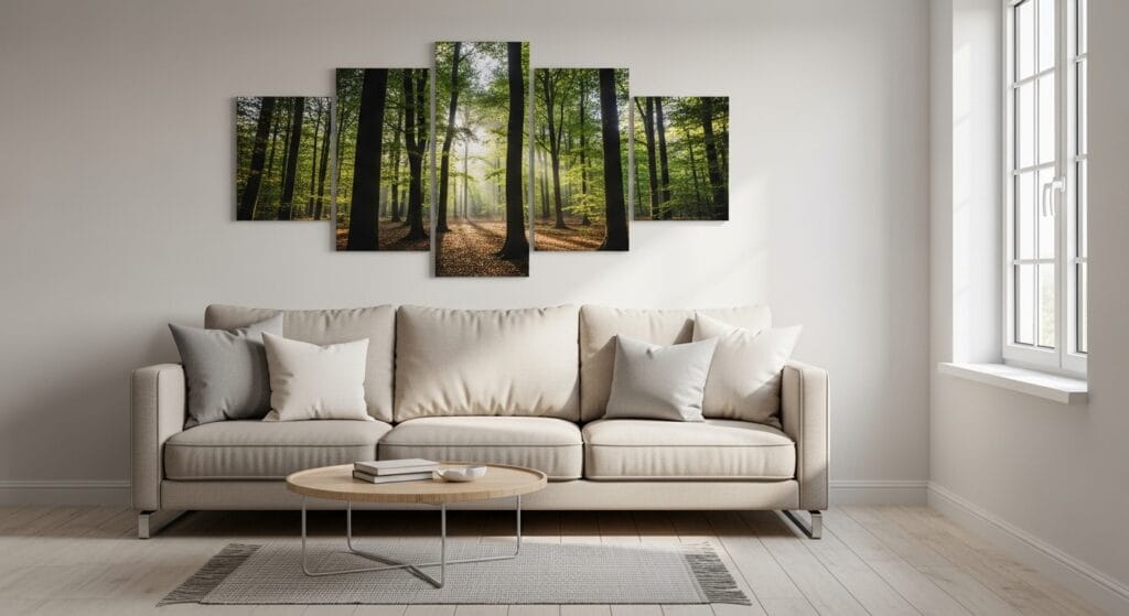 Multi-panel forest canvas wall art above a light neutral sofa, soft room