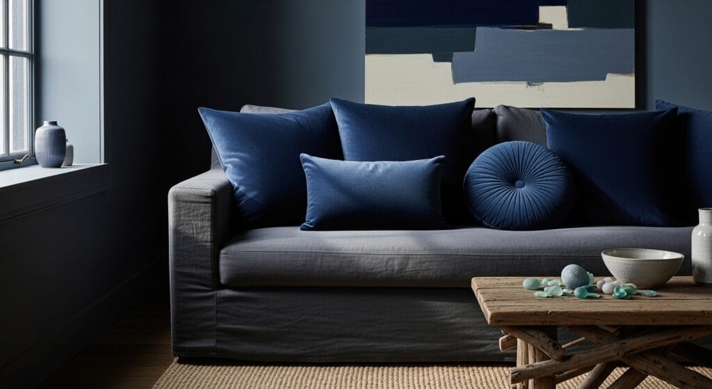 Dark Coastal Living Room: Moody, Dramatic, and Still Totally Beachy 5 Navy blue velvet throw pillows on a charcoal sofa in a dark coastal living room.