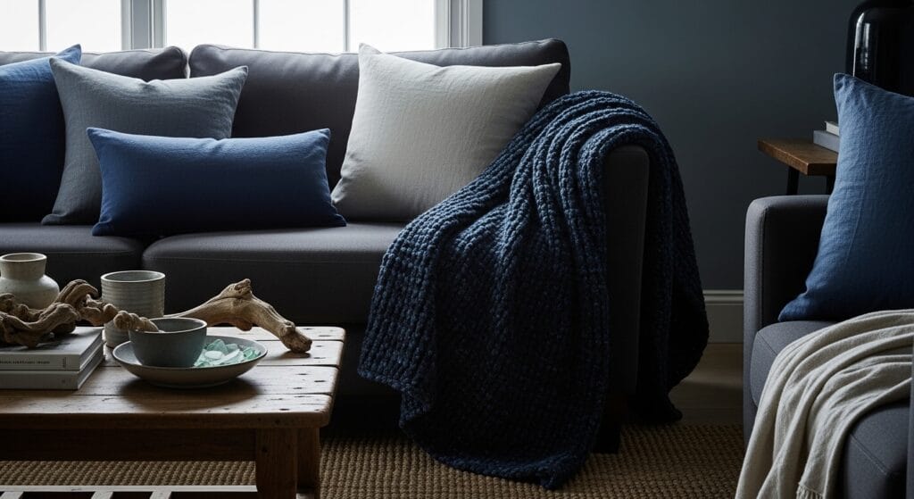 Dark Coastal Living Room: Moody, Dramatic, and Still Totally Beachy 12 Navy and black throw blanket draped over a dark sofa arm in a coastal room.