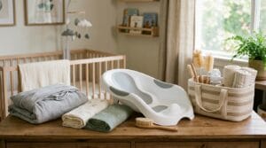 Newborn care items including a wrap carrier, bottles, blankets, and bath gear arranged together.