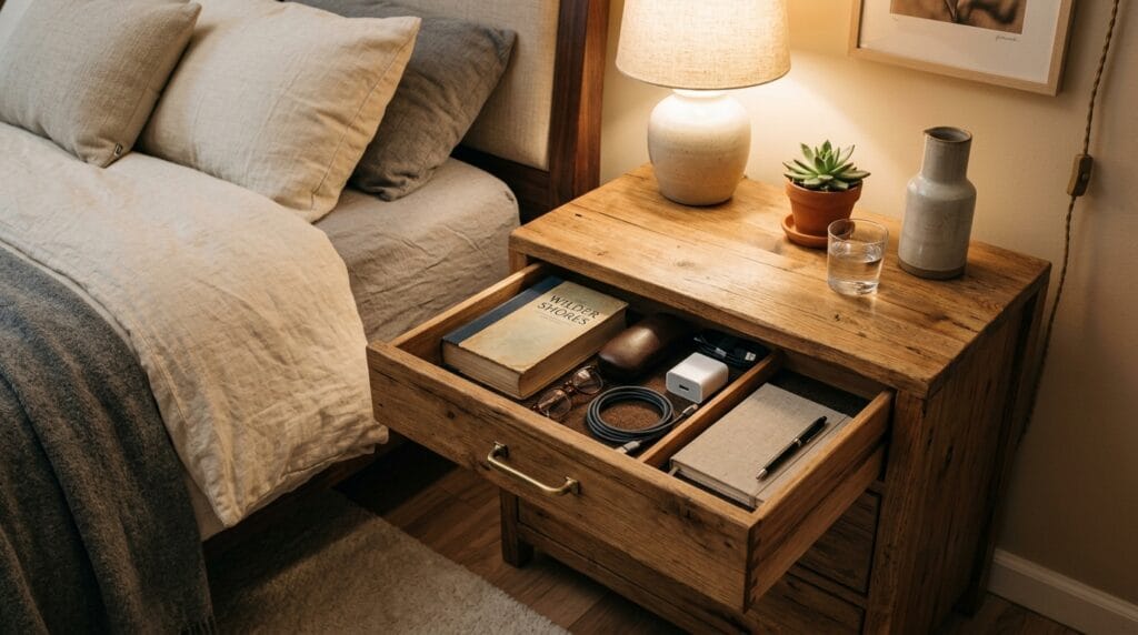 Bedroom Organization Ideas: From Dresser to Closet 16 Wooden nightstand with open drawer holding glasses, charger, and personal items neatly organized inside.