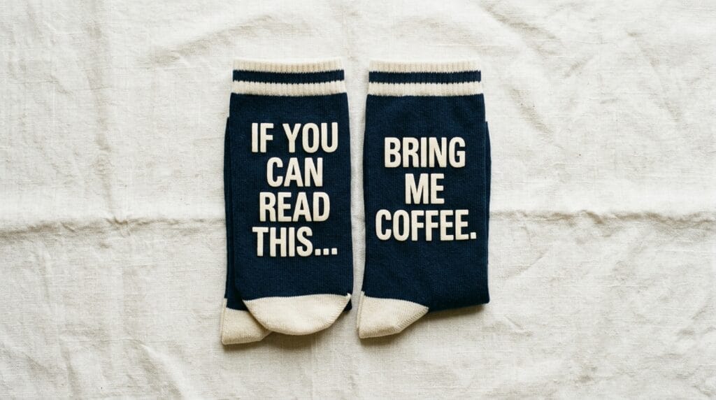 Cool Father's Day Gifts Going Viral Right Now 4 Pair of novelty crew socks with bold text displayed on a neutral linen background