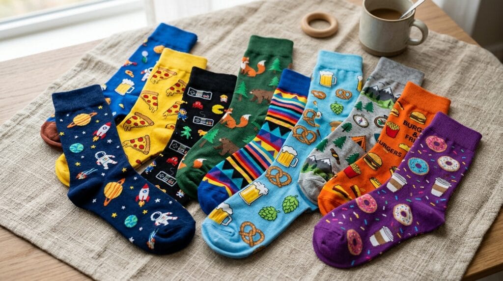 Cheap Father's Day Gift Ideas Under $25 3 Colorful novelty printed socks with bold graphic patterns arranged on a linen surface.
