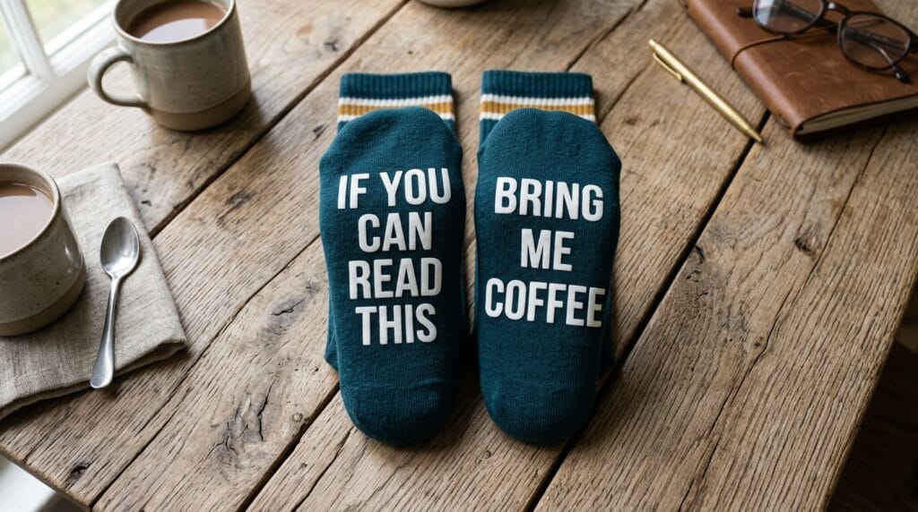 Bold patterned novelty socks laid flat on a rustic wooden surface in natural lighting
