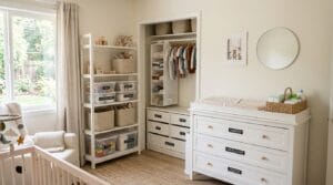 Organized nursery room showing labeled bins, storage baskets, drawer organizers, and closet solutions