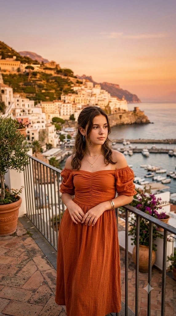 Teen girl in terracotta off-shoulder ruched dress on coastal terrace at golden hour