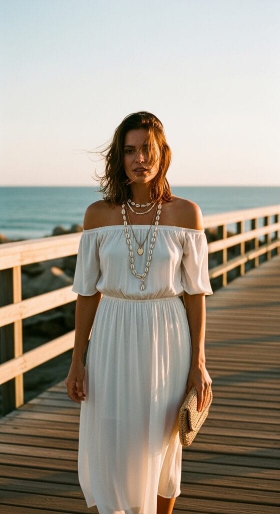White Boho Dress Outfits That Feel Fresh and Effortlessly Angelic 4 Woman in white off-shoulder voile midi dress with layered shell necklaces at the coast