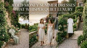 Group of old money summer dresses in linen, poplin, and crepe shown together outdoors