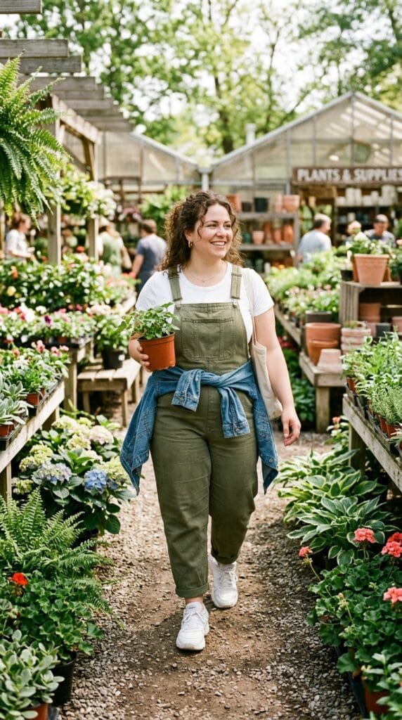 11 Plus Size Overalls Outfits for Casual Summer Days 5 Plus size model wearing olive denim barrel-leg overalls outfit with a plain white tee