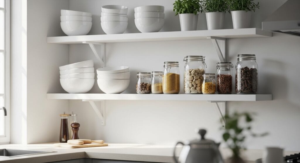 Small Kitchen Layout Ideas: The Best Configurations for Tiny Spaces 3 White open floating shelves above a compact kitchen counter holding bowls and glass jars.