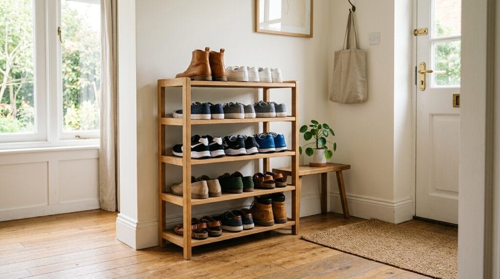 Shoe Storage and Entryway Organization: The Complete Guide 2 Tiered freestanding shoe shelf in a bright neutral home entryway with natural light.
