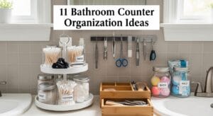 Organized bathroom counter displaying trays, labeled jars, and drawer organizers in a natural home setting.