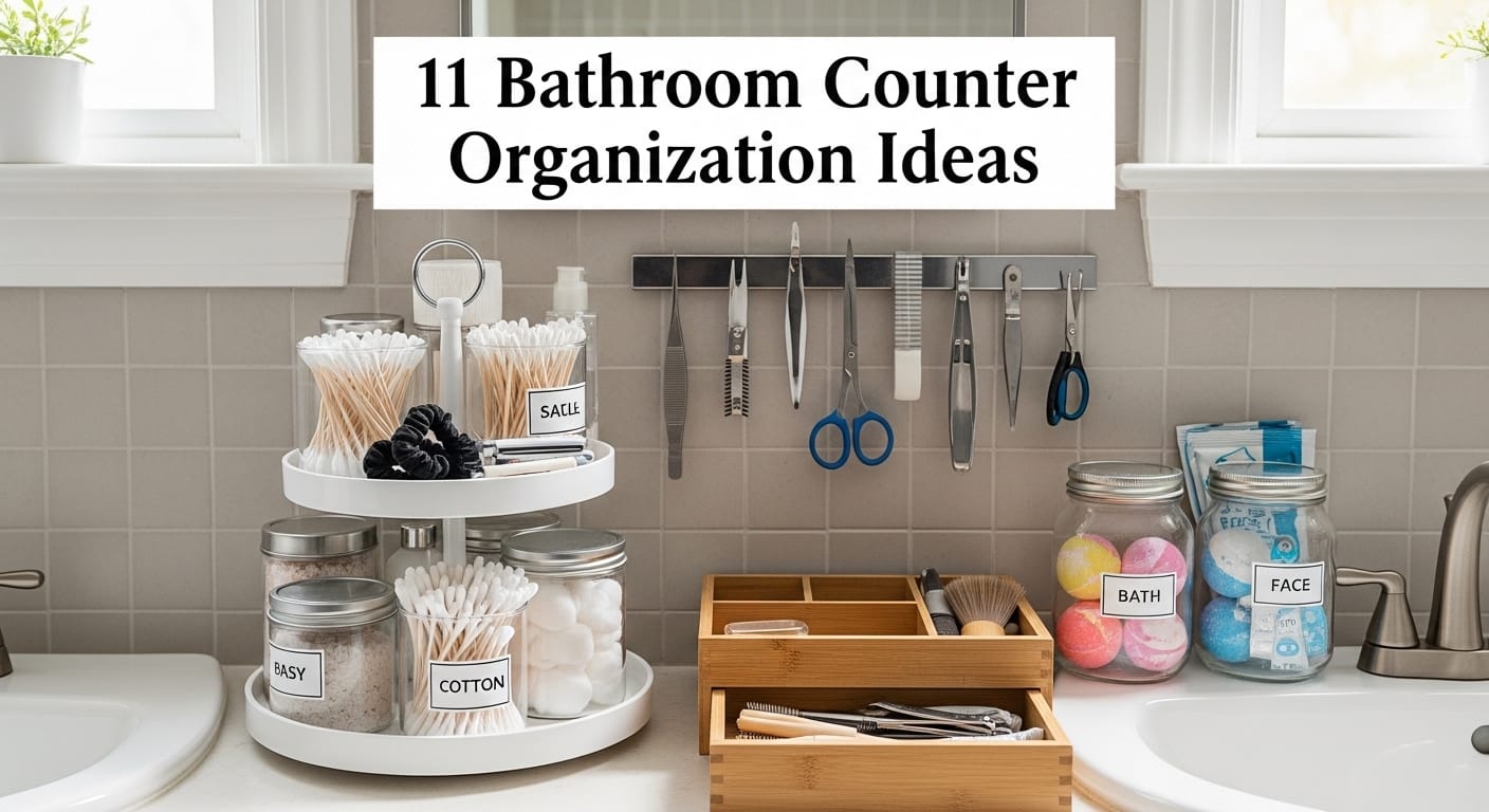 Organized bathroom counter displaying trays, labeled jars, and drawer organizers in a natural home setting.