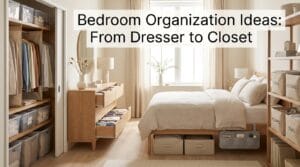 Organized bedroom showing closet, dresser, shelving, and under-bed storage solutions.