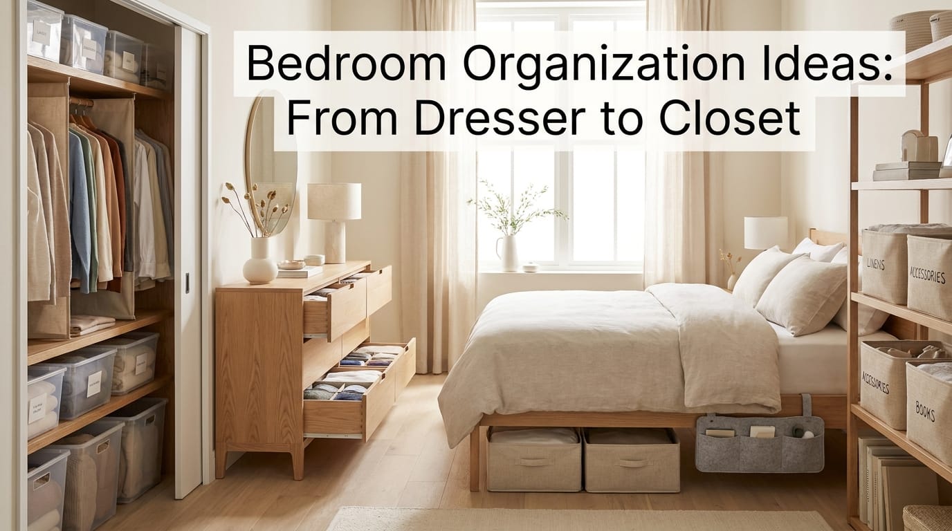 Organized bedroom showing closet, dresser, shelving, and under-bed storage solutions.