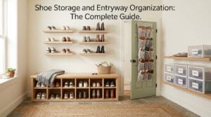 Organized home entryway showing multiple shoe storage solutions in natural light.