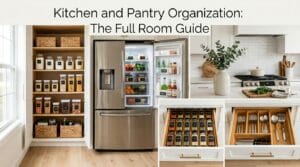 Organized kitchen pantry with labeled containers, drawer dividers, and sorted refrigerator bins displayed
