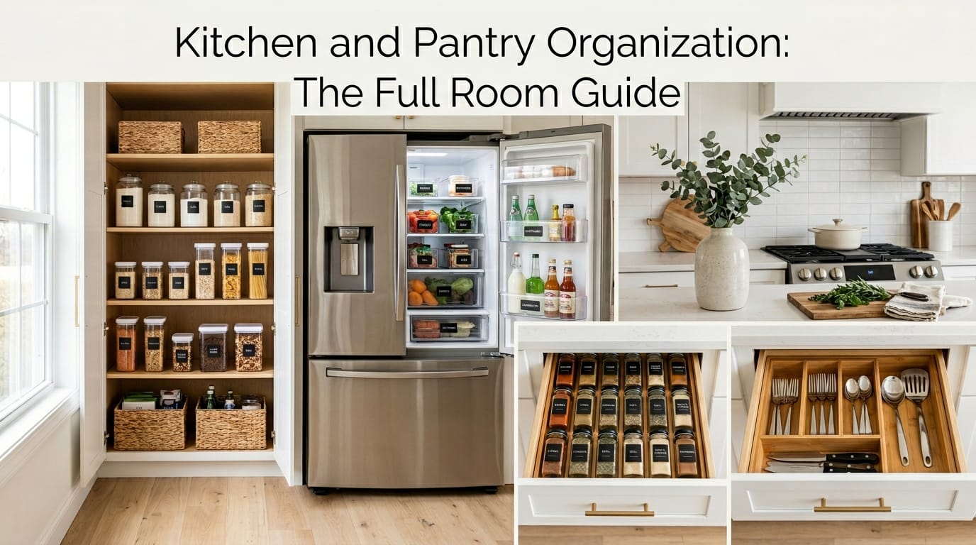 Organized kitchen pantry with labeled containers, drawer dividers, and sorted refrigerator bins displayed