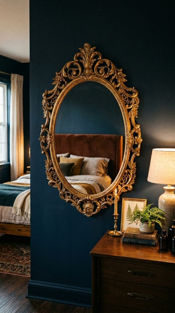Ornate gold oval mirror with intricate frame detailing mounted on a styled bedroom wall