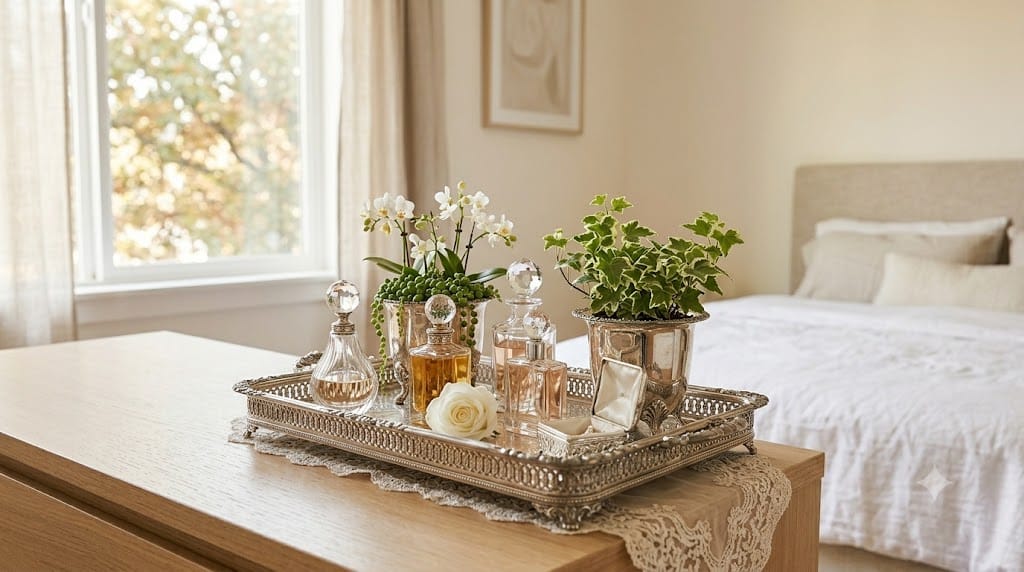 17 Chic Perfume Tray Ideas for a Luxurious Vanity Setup 16 Ornate silver antique-style tray with relief detailing beside crystal perfume bottles on a dresser.