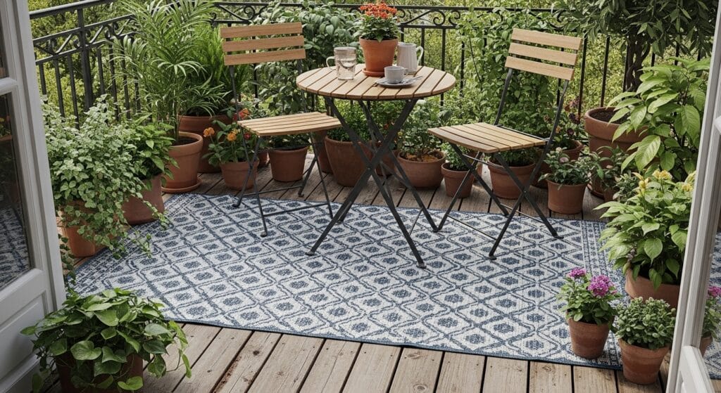 Small balcony decor ideas: make a tiny outdoor space beautiful 10 Patterned outdoor rug under a bistro table on a small plant-filled balcony.