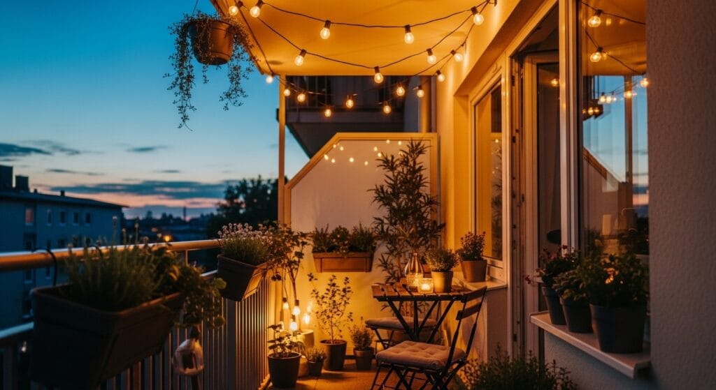 Small balcony decor ideas: make a tiny outdoor space beautiful 5 Warm outdoor string lights draped across a small balcony ceiling at dusk.