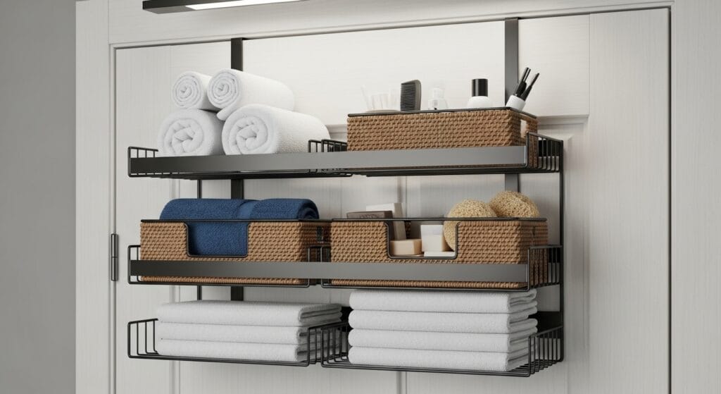 Dark metal over-door bathroom shelf holding towels and small organizer baskets.