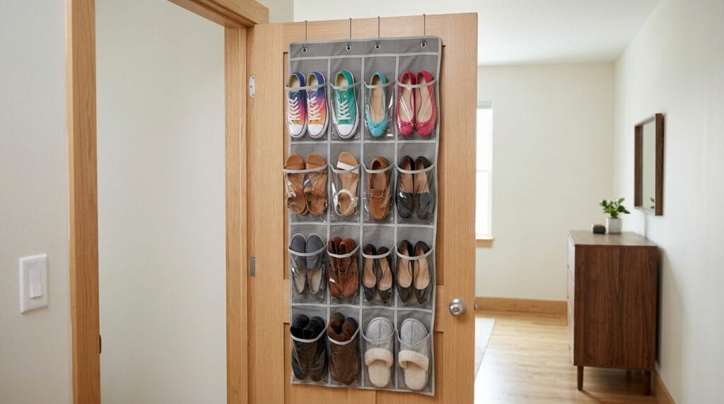 Shoe Storage and Entryway Organization: The Complete Guide 6 Fabric over-door shoe organizer mounted on a bedroom door holding multiple shoe pairs.