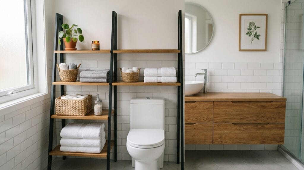 Modern Small Bathroom Ideas: Sleek, Functional and Gorgeous 10 Wood over-toilet ladder shelf with baskets and greenery in a small modern bathroom