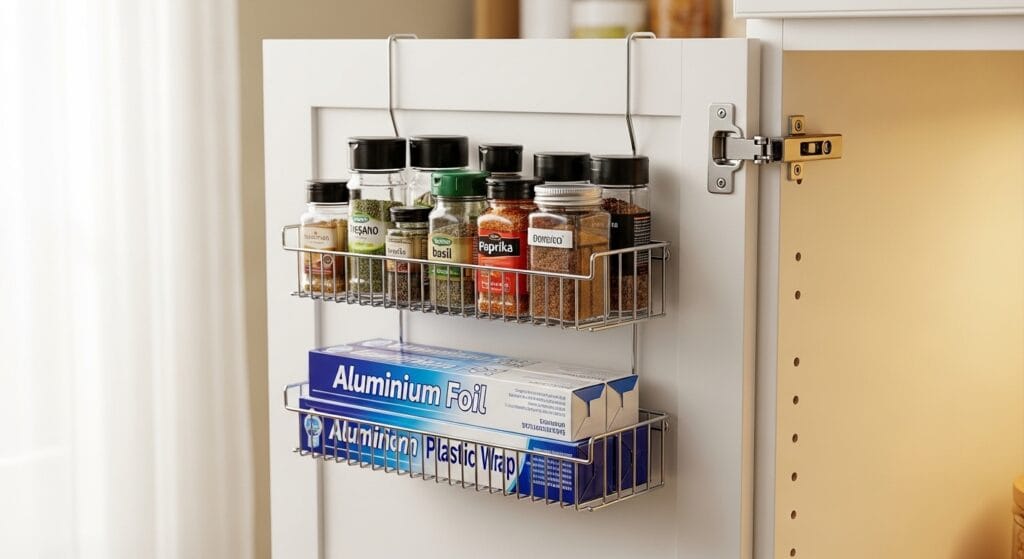 Small Kitchen Layout Ideas: The Best Configurations for Tiny Spaces 5 Wire over-the-door cabinet organizer holding spice jars and foil boxes inside a kitchen cupboard.
