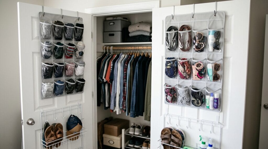 How to Organize a Small Closet With Lots of Clothes 5 Back of closet door with multi-pocket organizer holding shoes and folded accessories