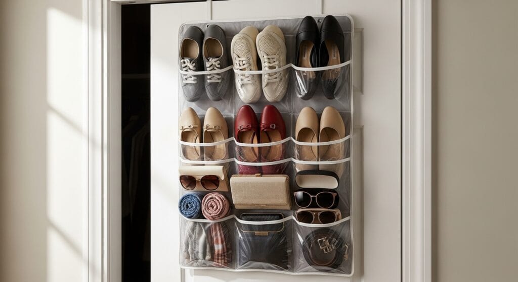 Bedroom Organization Ideas: From Dresser to Closet 10 Back of closet door with over-door organizer holding shoes and folded accessories neatly.