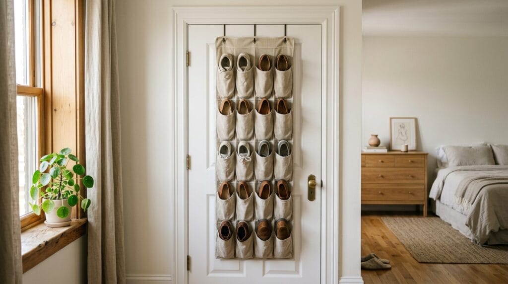15 Shoe Storage Ideas for Small Spaces (Every Room) 2 Fabric over-the-door shoe organizer with multiple pockets holding neatly paired shoes