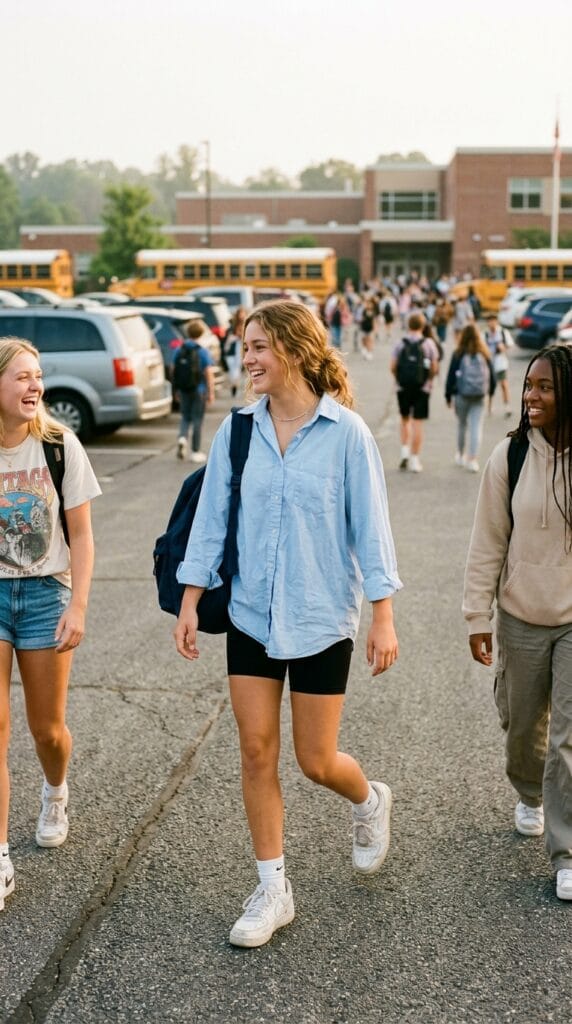 Teen girl in oversized button shirt and bike shorts walking through school parking lot 