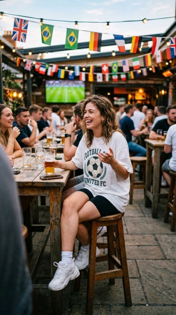 Woman in oversized graphic soccer tee and bike shorts at a crowded world cup bar patio.