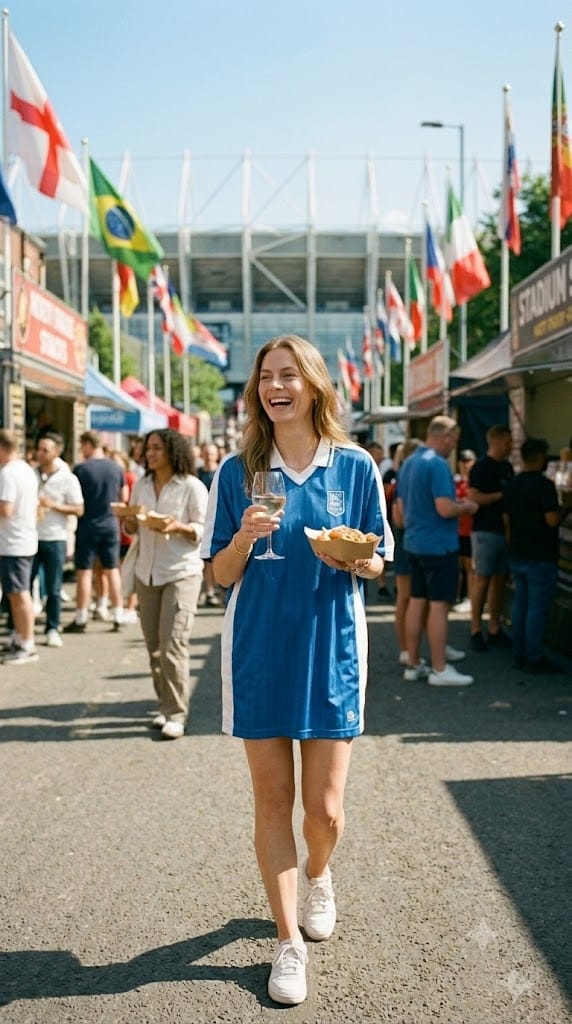 Oversized soccer jersey worn as a mini dress with white sneakers for game day.