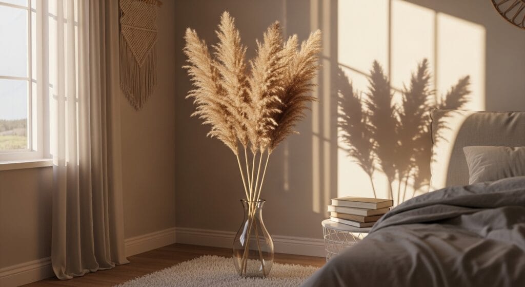 Tall dried pampas grass in a glass vase styled in a sunlit bedroom corner