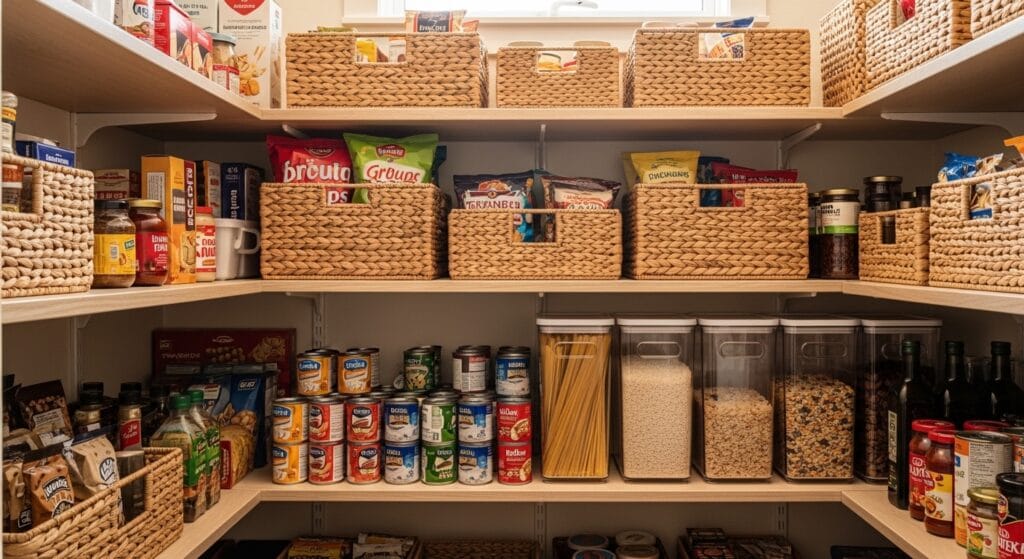 Kitchen and Pantry Organization: The Full Room Guide 5 Pantry shelves with woven baskets and labeled bins organizing snacks and canned goods neatly.