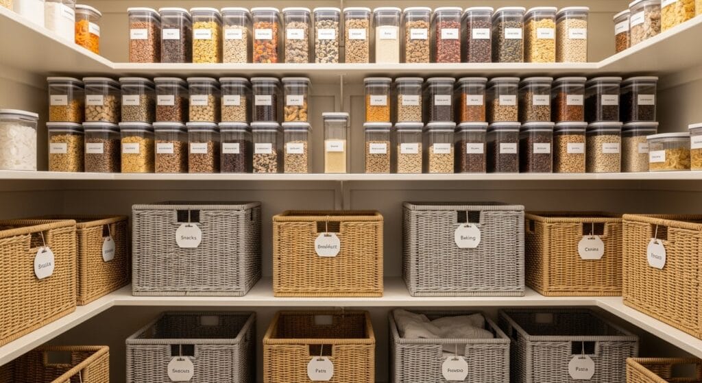 Kitchen and Pantry Organization: The Full Room Guide 9 Pantry shelves with labeled woven baskets and clear containers arranged in neat organized rows.