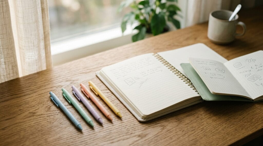 Best Back to School Gifts for Teachers That They Actually Need and Want 2 Pastel mechanical pencils arranged neatly beside open notebooks on a sunlit wooden desk.