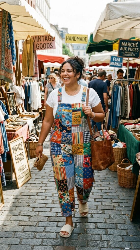 11 Plus Size Overalls Outfits for Casual Summer Days 8 Plus size woman in multicolor patchwork cotton bib overalls outfit with white sneakers
