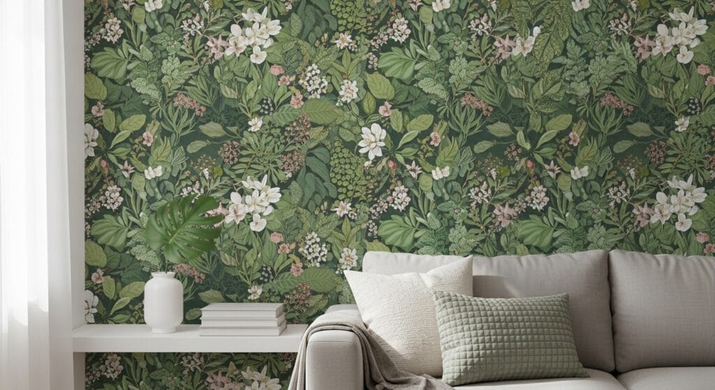 Botanical peel-and-stick wallpaper covering a living room accent wall behind a neutral sofa.