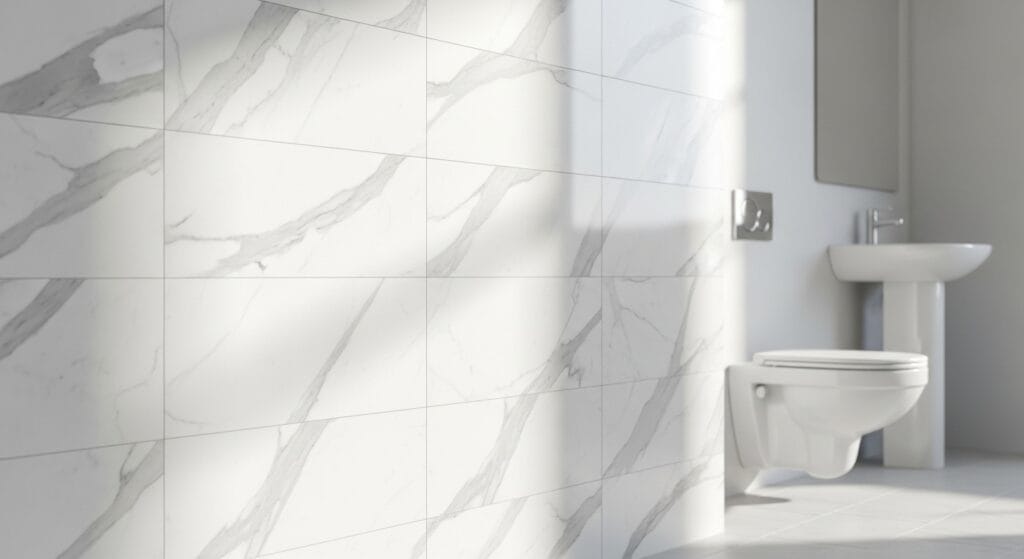 Bathroom accent wall covered in marble-look peel-and-stick tile panels.