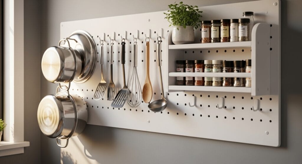 Small Kitchen Layout Ideas: The Best Configurations for Tiny Spaces 10 White kitchen pegboard wall panel holding pots, utensils, and a small spice shelf on hooks.
