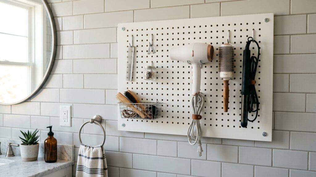 Best Hair Tool Storage Ideas for Your Bathroom (Wall + Drawer) 4 White pegboard on bathroom wall with hooks holding blow dryer and styling accessories.