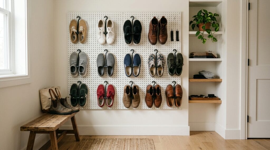 15 Shoe Storage Ideas for Small Spaces (Every Room) 16 Pegboard wall system with hooks holding various shoe pairs inside an organized closet space