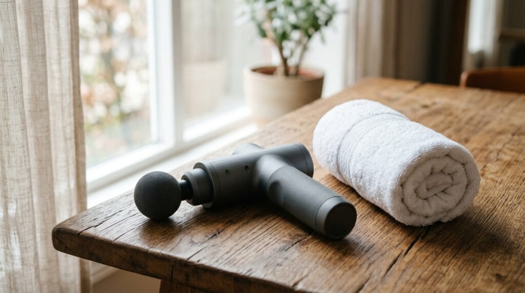 Cool Father's Day Gifts Going Viral Right Now 2 Handheld percussion massage device resting on a wooden surface beside a rolled towel