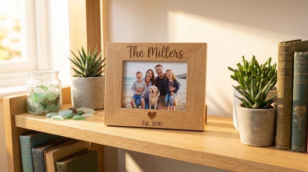 Personalized photo frame with family photograph displayed on a light wooden shelf